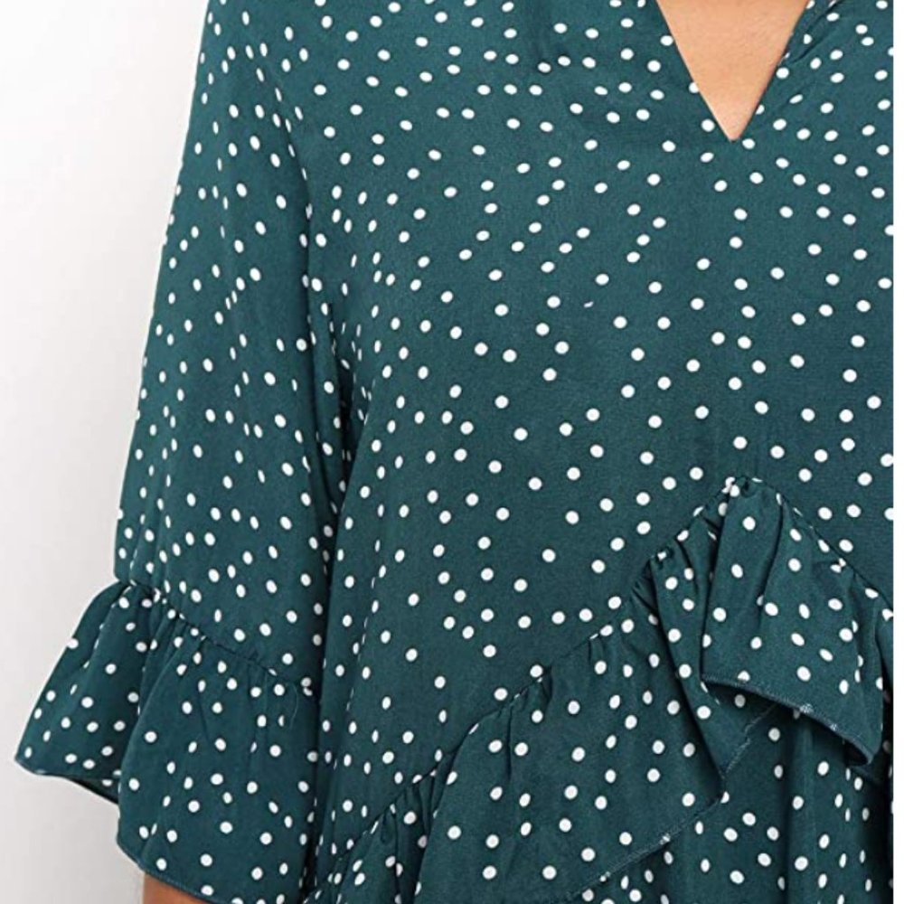V Neck Ruffle Polka Dot Pocket Loose Swing Casual Short T-Shirt Dress